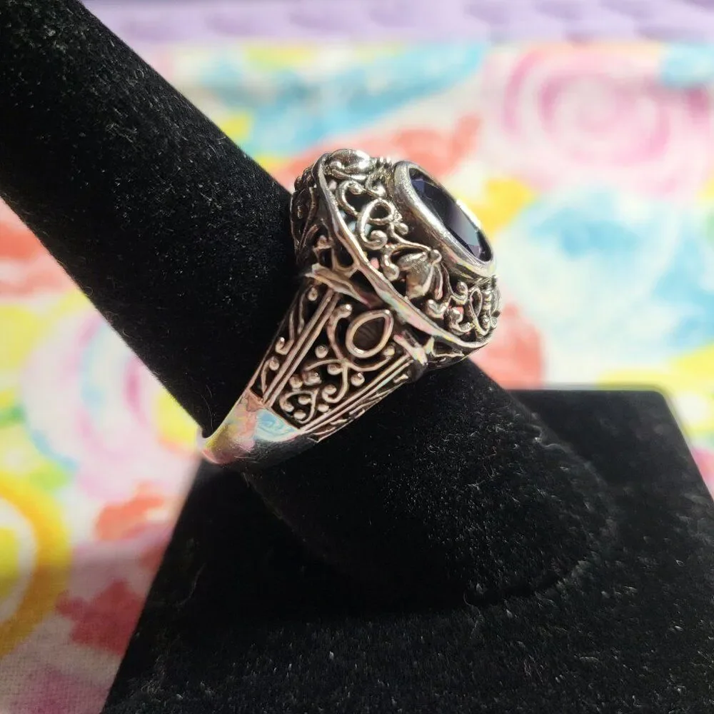Vintage Black Onyx Filigree Sterling Silver Ring